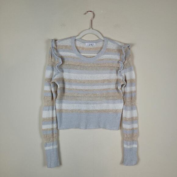 Intermix Sweater Small Blue White Elmore Ruffles Stripes Wool Cashmere Blend - Picture 1 of 9